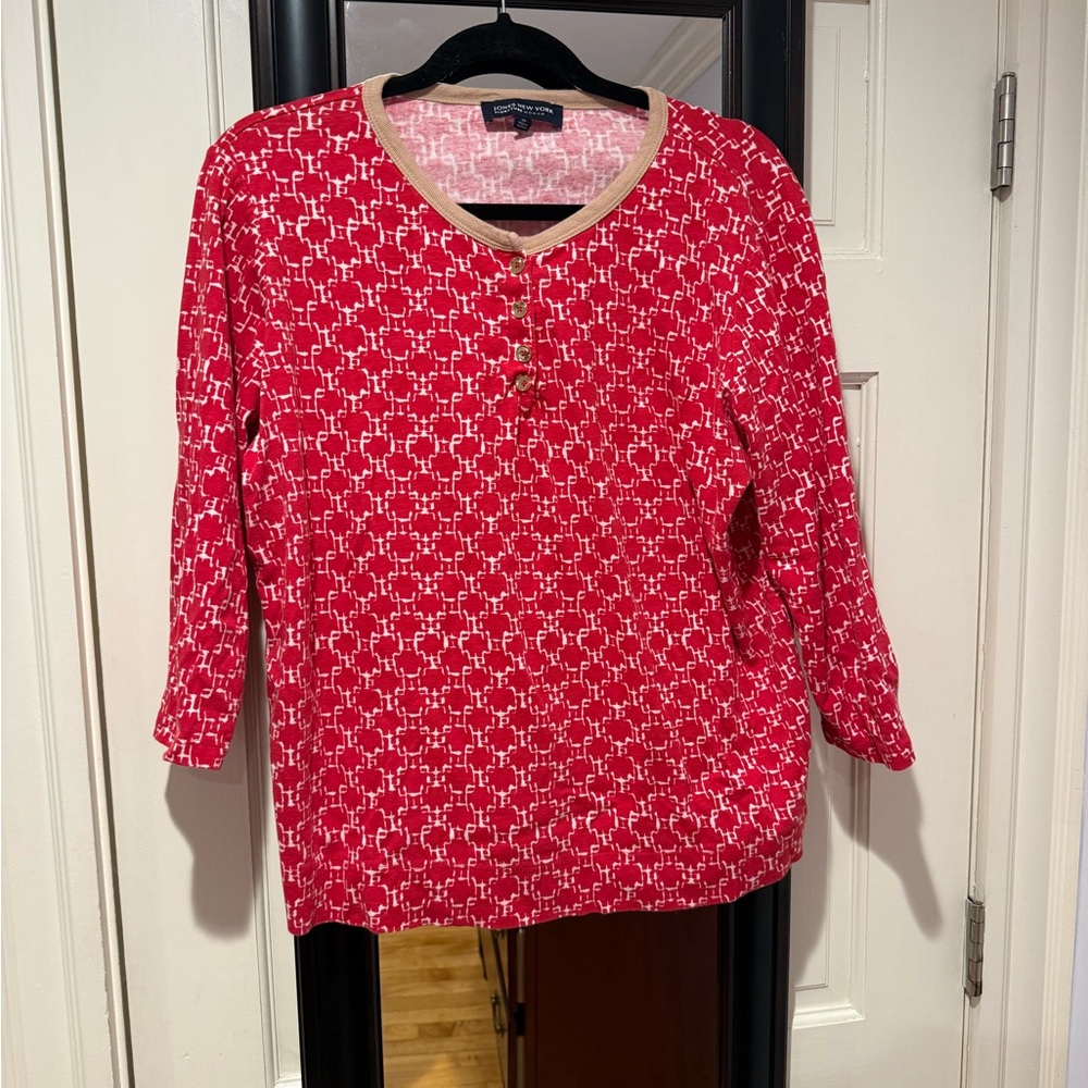 Jones New York Red and White Patterned Henley top
